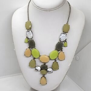 J Crew Silver Tone Green Peach Statement Bib‎ Necklace